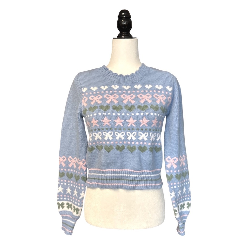 LoveShackFancy Zaheer Pullover Sweater Size S Blue Fair Isle‎ Bow Heart Knit NWT